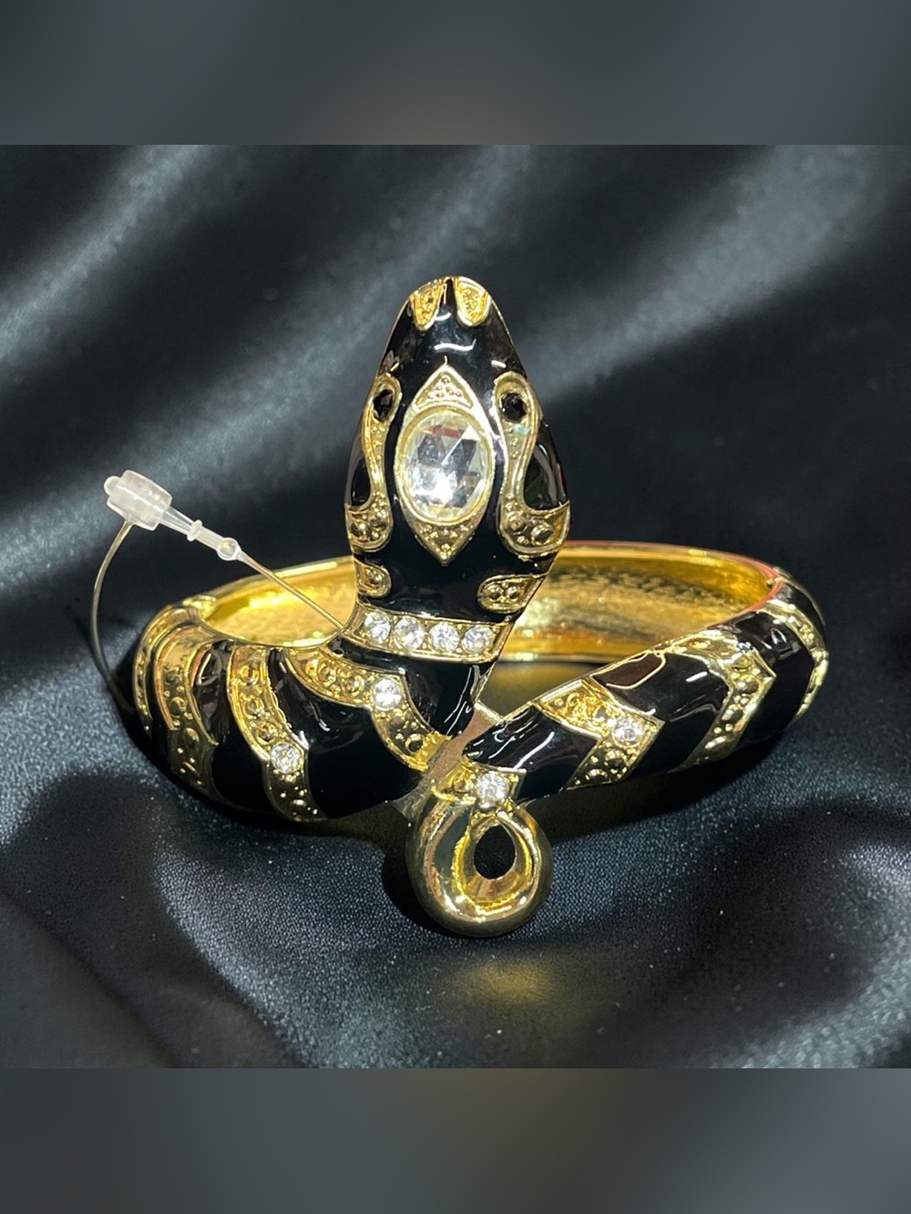 Gold and Black Snake Bangle Bracelet with Crystal Accents